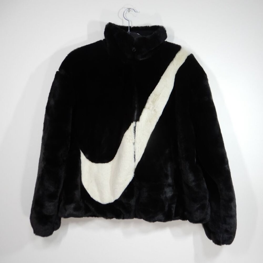 NIKE Faux Fur Plush Swoosh Teddy JACKET Size S Oversized Black Fossil Logo NEW - Picture 6 of 11